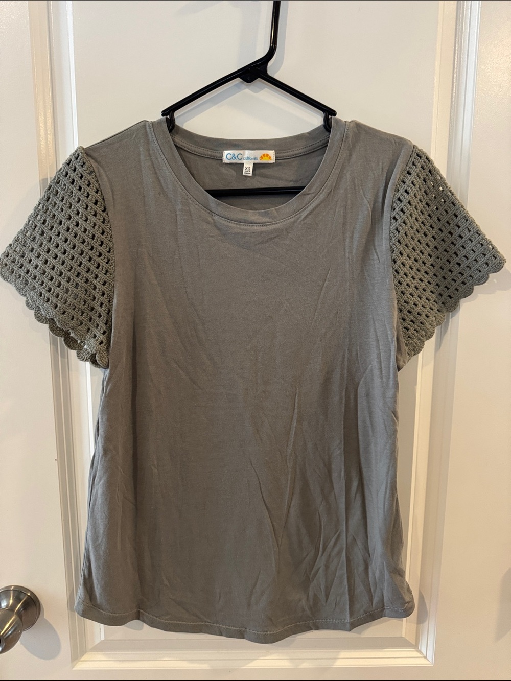 C&C California Sage Tee with Crochet Short Sleeves